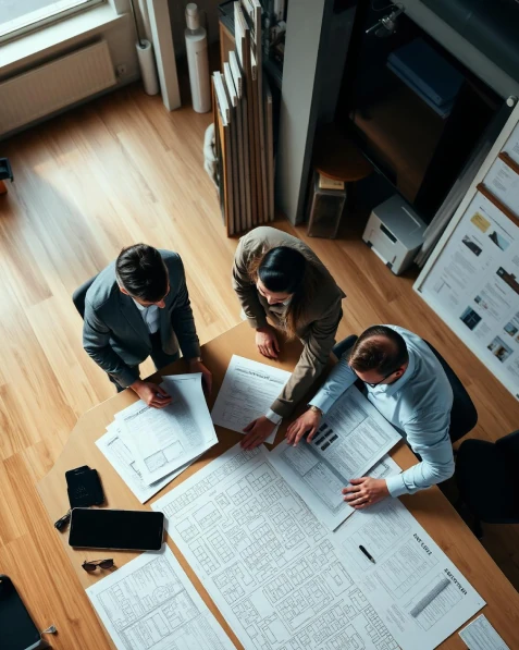 Construction management team reviewing blueprints